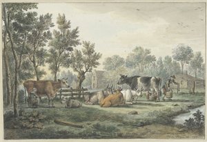 Meadow with Cows Being Milked