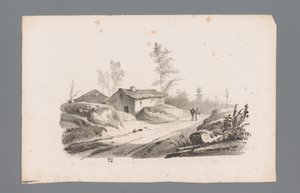 Heuvellandschap met landweg en huizen (series title)