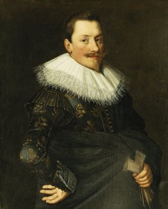 Portrait of a Gentleman, Standing Half Length, Wearing a Blue Costume with Gold Embroidery and a White Lace Collar