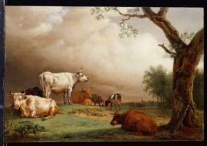 Cattle in a Field, with Travellers in a Wagon on a Track Beyond and a Church Tower in the Distance, a Rain Storm Approaching by Paulus Potter