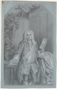 Portrait Study (Knee-Length) of a Standing Man with Right Arm on a Table with Helmet, and in Left Hand a Document. Order Ribbon with Elephant and a Star to the Left of the Ribbon (Blue Knight) by Peder Als