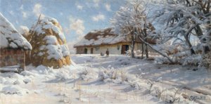Snowy Village Landscape with Children Sledding