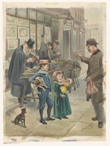 Man Showing Two Children Toys on the Steps of a Print Shop