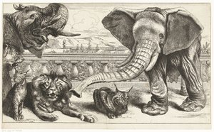 Elephants, Lions, and Lynxes in the Gardens of Versailles by Peeter Boel (attributed to)