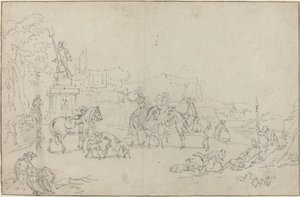 An Elegant Hunting Party Resting by a Fountain by Peeter Bout