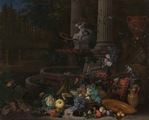 Still Life with Vegetables Before a Draped, Overturned Plinth by an Ornamental Fountain by Peeter Gijsels
