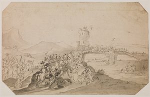 Battle scene in landscape with bridge over a river by Peeter Snayers