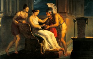 Ariadne giving some thread to Theseus to leave labyrinth