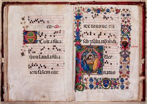 Piccolomini Library: choir book, cod. 102.8, ff. 47v-48r with “Nativity” by Pellegrino di Mariano