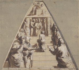 Presentation of the Virgin in the Temple Below, Abraham About to Sacrifice Isaac Above by Perino del Vaga