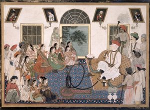 A European, probably Sir David Ochterlony, in Indian dress, smoking a hookah and watching a nautch in his house at Delhi