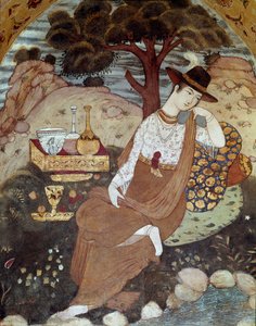 A Persian princess under the rule of Abbas I, resting 17th century. Fresco from the Palace of the 40 Columns (Chehel Sotoun) in Isfahan, Iran.