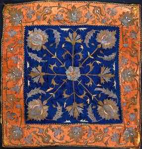 A Bocha Composed of Blue Satin Field Embroidered in Silver and Gilt Thread by Persian School