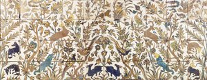 A Curda Seca Tile Panel, Comprising Four Rows of Ten Tiles, Painted with Vegetation Inhabited by Birds, Deer and Lions by Persian School