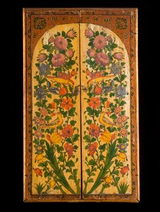 A large Qadjar polychrome lacquered Mirror, with the doors closed to reveal the decorated panels by Persian School