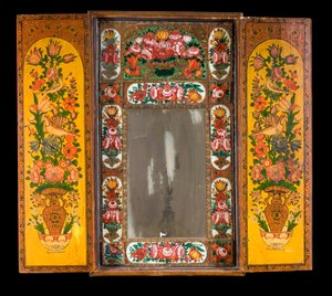 A large Qadjar polychrome lacquered Mirror, with the doors open to reveal the decorated interior