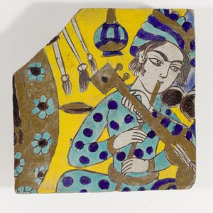 Safavid Persia Pottery Tile Depicting a Man Playing a Flute by Persian School