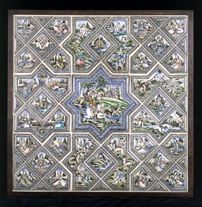 A Pottery Tile Panel, Depicting Bahram Gur Hunting, and Several Other Figures in a Variety of Scenes by Persian School