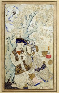 Islamic Art: Portrait of Shah Abbas I embracing one of his pages. Persian drawing of 1672. Dim: 0,16 x 0,27m. Paris, Musee Du Louvre by Persian School