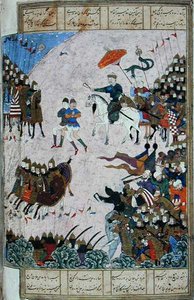 Battle between Isfandiyar and Arjasp, illustration from the 