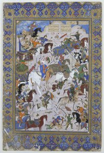 Battle between Khusrau and Bahram Chubaina, from the poem Layla and Majnun originally by Nizami