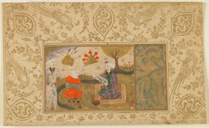 A Woman Converses with a Seated Man by a Stream by Persian School