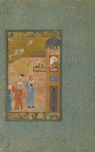 Two Men Carrying Pitchers Approach a Building by Persian School