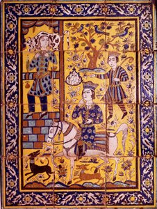 Gulendam is forgiven for a clumsy remark she made to Vahram V Gour (Evening-primrose), Sassanid king of Persia, carrying an ox on her shoulder. Panel of mosaic coating plates representing an episode of the 