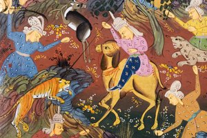 Hunters mounted and on foot killing deer and tiger (detail)