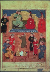 Arghan Khan with two of his wives and his son Ghazan, from a book by Rashid ad-Din