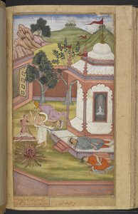 Candrahasa sacrificing himself at the temple of Candika by cutting off pieces of his own flesh and putting them on the fire (Qabil ibn Maqbul) from the 
