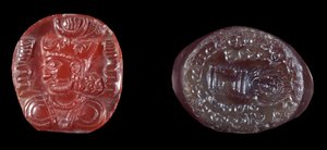 Persian art: cameo of Kavadh I (or Qobad, Kobad, Kabad) (488-496 AD) king of the second Persian empire and agate stamp of the Sassanid period. 5th or 6th century AD. Paris, B.N.