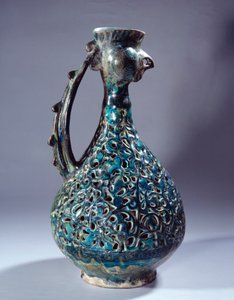 Persian Art: Ceramic Aquamarine with Rooster Head and Decorations Inspired by the Waq Waq Tree. From Kashan. 13th Century Paris, Louvre Museum