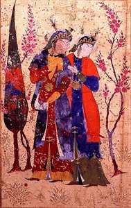 Two princesses in a garden landscape, from the Tohfat Al-Ahrar, Bokhara School by Persian School
