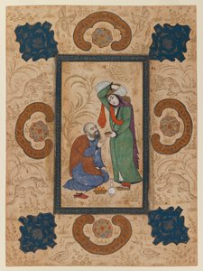 Young woman offering wine to a sage