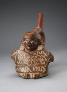 Stirrup Spout Vessel Depicting Man Holding Decorated Textile by Peruvian School