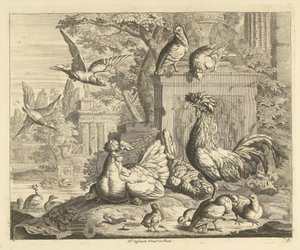 Rooster, Hen with Chicks, and Other Birds in a Garden with Ancient Ruins