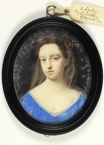A Lady in blue bodice with brown hood by Peter Cross