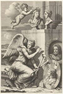Fame Sitting by Portraits of Rulers with Laurel Wreaths