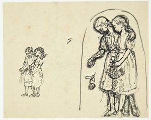 Two Little Girls Scattering Flowers. Two Sketches on the Same Sheet by Peter Hansen