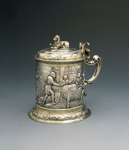 Tankard, the Body Repousse and Chased with Jacob Wrestling with the Angel, and Abraham and Sarah Giving Hospitality to the Trinity, Danzig, c.1690 by Peter III Rohde
