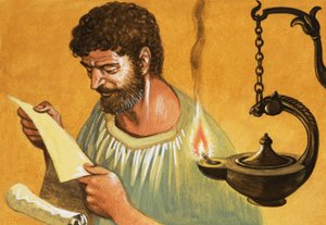 Let There Be Light! Greek man reading by lamp-light by Peter Jackson