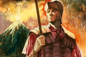 Roman soldier with Vesuvius erupting behind by Peter Jackson