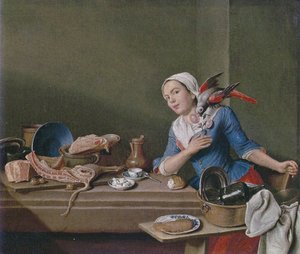Kitchen Still Life with Female Figure and Parrot (The Feeling)