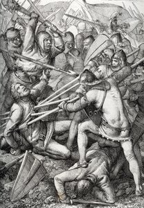 The Battle of Sempach fought on 9 July 1386, between Leopold III, Duke of Austria and the Old Swiss Confederacy, drawing from “Historische Memorabilian des In-und Auslandes” by Anton Ziegler by Peter Johann Nepomuck Geiger