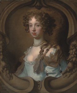Portrait of Lady Frances Norcliffe, Bust-Length, in a Pale Blue Dress with a Pearl Clasp, in a Sculpted Cartouche by Peter Lely