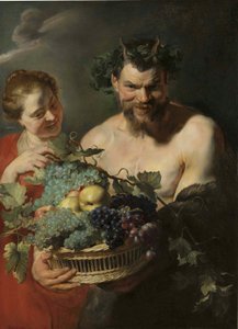 A satyr holding a basket of grapes and quinces with a nymph by Peter Paul Rubens