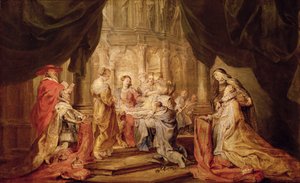 Mary Giving Ildefonso, Archbishop of Toledo the Vestment, with the Arch Duke Albrecht VII and His Patron Saint Albert of Lowen on the Left and the Infanta Isabella Claira Eugenia and Her Patron Saint Elizabeth of Hungary on the Left
