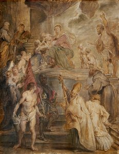 The Mystic Marriage of St Catherine (Colour Sketch for the Altar of the Church of the Augustinian Fathers in Antwerp), verso: Two Cavalry Battles by Peter Paul Rubens