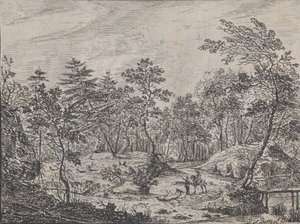 Forest landscape with a rider conversing with a man at center, a footbridge at right by Peter von Bemmel